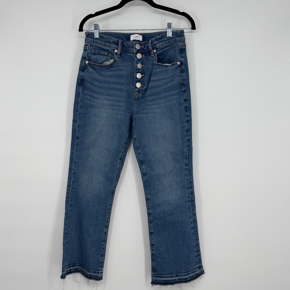 LOFT Outlet High Rise Flare Crop Jeans Blue Button Fly‎ Raw Hem Size 6